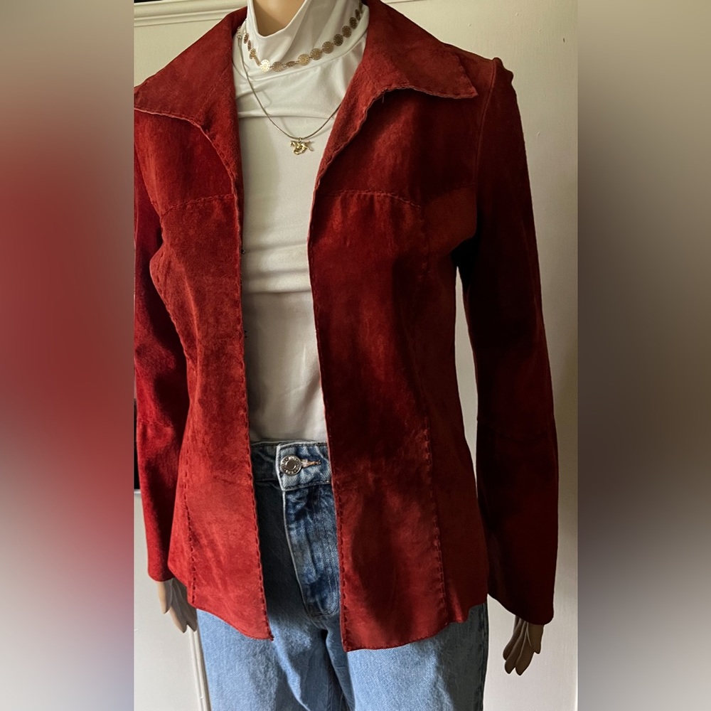 GORGEOUS Vintage 90s Wet Seal 100% Leather Rust Red/Orange Suede 70’s Style Coat - Picture 4 of 14